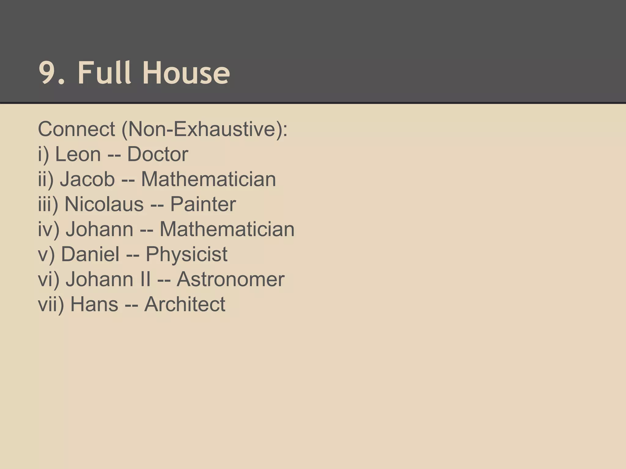 9. Full House 
Connect (Non-Exhaustive): 
i) Leon -- Doctor 
ii) Jacob -- Mathematician 
iii) Nicolaus -- Painter 
iv) Johann -- Mathematician 
v) Daniel -- Physicist 
vi) Johann II -- Astronomer 
vii) Hans -- Architect 
 