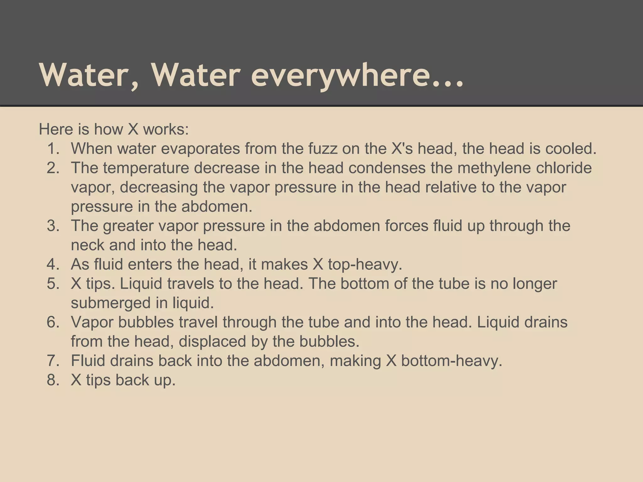 Water, Water everywhere... 
Here is how X works: 
1. When water evaporates from the fuzz on the X's head, the head is cooled. 
2. The temperature decrease in the head condenses the methylene chloride 
vapor, decreasing the vapor pressure in the head relative to the vapor 
pressure in the abdomen. 
3. The greater vapor pressure in the abdomen forces fluid up through the 
neck and into the head. 
4. As fluid enters the head, it makes X top-heavy. 
5. X tips. Liquid travels to the head. The bottom of the tube is no longer 
submerged in liquid. 
6. Vapor bubbles travel through the tube and into the head. Liquid drains 
from the head, displaced by the bubbles. 
7. Fluid drains back into the abdomen, making X bottom-heavy. 
8. X tips back up. 
 