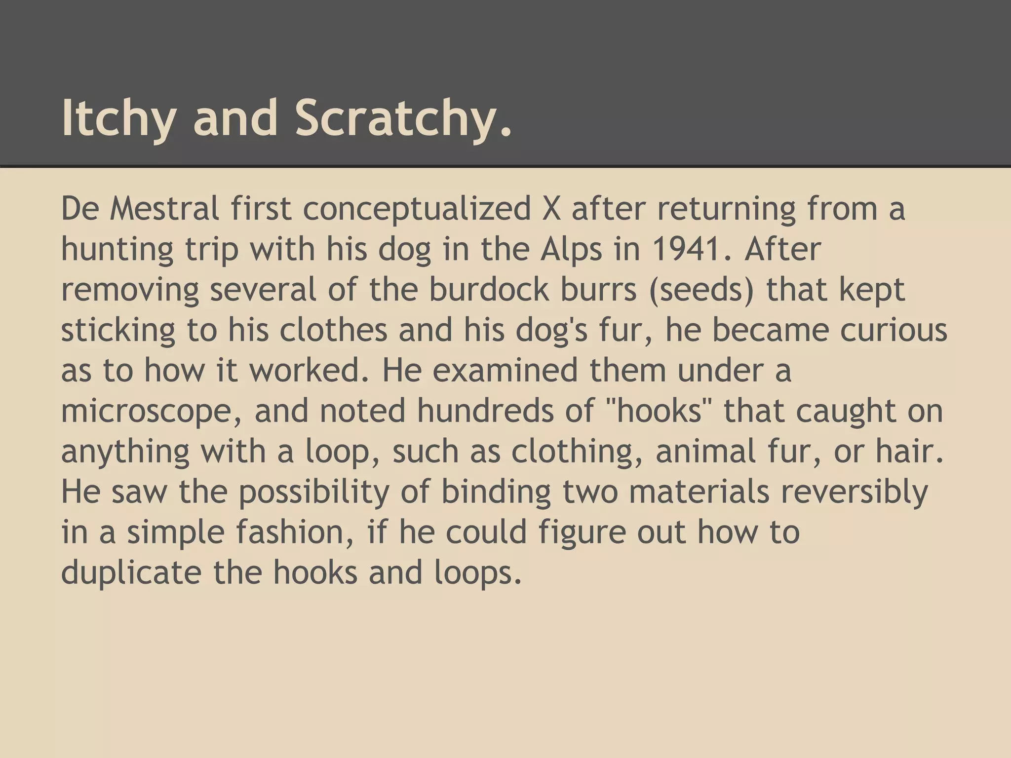 Itchy and Scratchy. 
De Mestral first conceptualized X after returning from a 
hunting trip with his dog in the Alps in 1941. After 
removing several of the burdock burrs (seeds) that kept 
sticking to his clothes and his dog's fur, he became curious 
as to how it worked. He examined them under a 
microscope, and noted hundreds of "hooks" that caught on 
anything with a loop, such as clothing, animal fur, or hair. 
He saw the possibility of binding two materials reversibly 
in a simple fashion, if he could figure out how to 
duplicate the hooks and loops. 
 