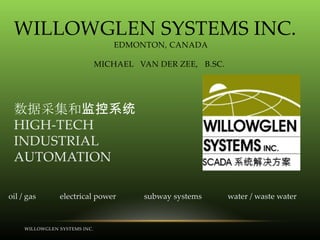 WILLOWGLEN SYSTEMS INC.
EDMONTON, CANADA
MICHAEL VAN DER ZEE, B.SC.

数据采集和监控系统
HIGH-TECH
INDUSTRIAL
AUTOMATION
oil / gas

electrical power

WILLOWGLEN SYSTEMS INC.

subway systems

water / waste water

 