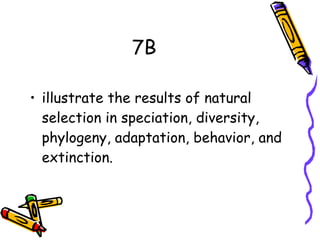 7B illustrate the results of natural selection in speciation, diversity, phylogeny, adaptation, behavior, and extinction. 