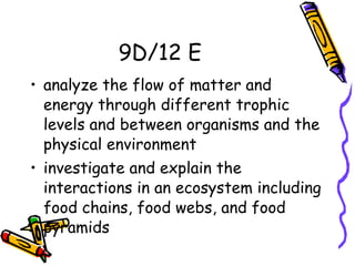 9D/12 E analyze the flow of matter and energy through different trophic levels and between organisms and the physical environment investigate and explain the interactions in an ecosystem including food chains, food webs, and food pyramids  