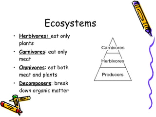 Ecosystems Herbivores:  eat only plants Carnivores : eat only meat Omnivores : eat both meat and plants Decomposers : break down organic matter 