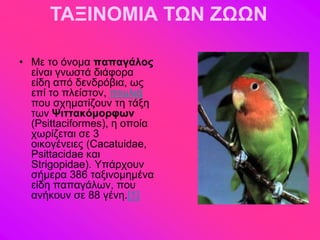 ΤΑΞΙΝΟΜΙΑ ΤΩΝ ΖΩΩΝ

• Με ημ όκμια παπαγάλος
  είκαζ βκςζηά δζάθμνα
  είδδ από δεκδνόαζα, ςξ
  επί ημ πθείζημκ, πμοθζά
  πμο ζπδιαηίγμοκ ηδ ηάλδ
  ηςκ Ψιηηακόμορθων
  (Psittaciformes), δ μπμία
  πςνίγεηαζ ζε 3
  μζημβέκεζεξ (Cacatuidae,
  Psittacidae ηαζ
  Strigopidae). Τπάνπμοκ
  ζήιενα 386 ηαλζκμιδιέκα
  είδδ παπαβάθςκ, πμο
  ακήημοκ ζε 88 βέκδ.[1]
 