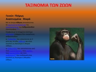 ΤΑΞΙΝΟΜΙΑ ΤΩΝ ΖΩΩΝ

Γενοφν Πλιρωσ
Αναπτυγμζνα Μικρά
Με το όνομα πίκθκοσ αποκαλοφνται
τα πρωτεφοντα κθλαςτικά τθσ
υπεροικογζνειασ των Aνκρωποειδών
(Hominoidea).*Σθμ. 1]
Σφμφωνα με το ςφγχρονο ςφςτθμα
ταξινομίασ υπάρχουν δυο οικογζνειεσ
ανκρωποειδϊν:
οι Υλοβατίδεσ που απαντϊνται ςε 4
γζνθ και 14 είδθ γίββωνα και είναι
γνωςτοί ωσ Κατώτεροι ι Μικροί
πίθηκοι.
οι Ανκρωπίδεσ που αποτελοφνται από
τουσ ουρακοτάγκουσ, τουσ γορίλεσ,
τουσ χιμπαντηιδεσ και τουσ
ανκρϊπουσ[1] που ςυλλογικά είναι
γνωςτοί ωσ Ανώτεροι ι Μεγάλοι
πίθηκοι.
 