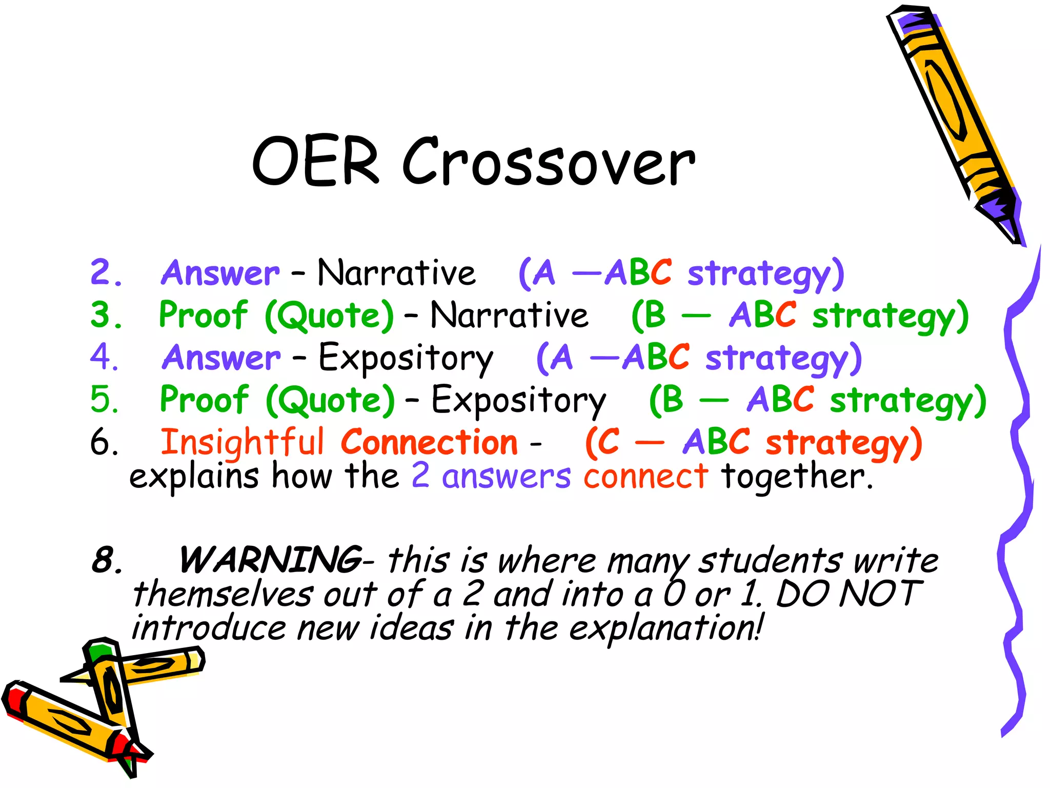 OER Crossover Answer  – Narrative  (A —A B C  strategy) Proof (Quote)  – Narrative  (B —  A B C  strategy) Answer  – Expository  (A —A B C  strategy) Proof (Quote)  – Expository  (B —  A B C  strategy) Insightful  Connection  -  (C —  A B C strategy)  explains how the  2   answers   connect  together.  WARNING - this is where many students write themselves out of a 2 and into a 0 or 1. DO NOT introduce new ideas in the explanation!   