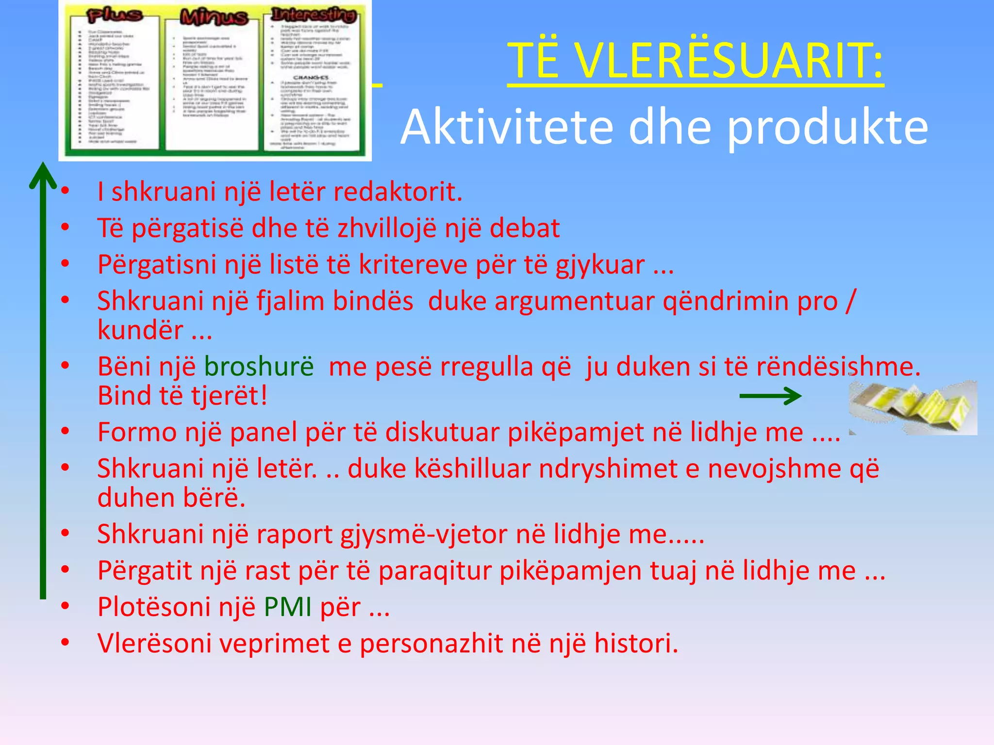 TË VLERËSUARIT:
Aktivitete dhe produkte
• I shkruani një letër redaktorit.
• Të përgatisë dhe të zhvillojë një debat
• Përgatisni një listë të kritereve për të gjykuar ...
• Shkruani një fjalim bindës duke argumentuar qëndrimin pro /
kundër ...
• Bëni një broshurë me pesë rregulla që ju duken si të rëndësishme.
Bind të tjerët!
• Formo një panel për të diskutuar pikëpamjet në lidhje me ....
• Shkruani një letër. .. duke këshilluar ndryshimet e nevojshme që
duhen bërë.
• Shkruani një raport gjysmë-vjetor në lidhje me.....
• Përgatit një rast për të paraqitur pikëpamjen tuaj në lidhje me ...
• Plotësoni një PMI për ...
• Vlerësoni veprimet e personazhit në një histori.
 