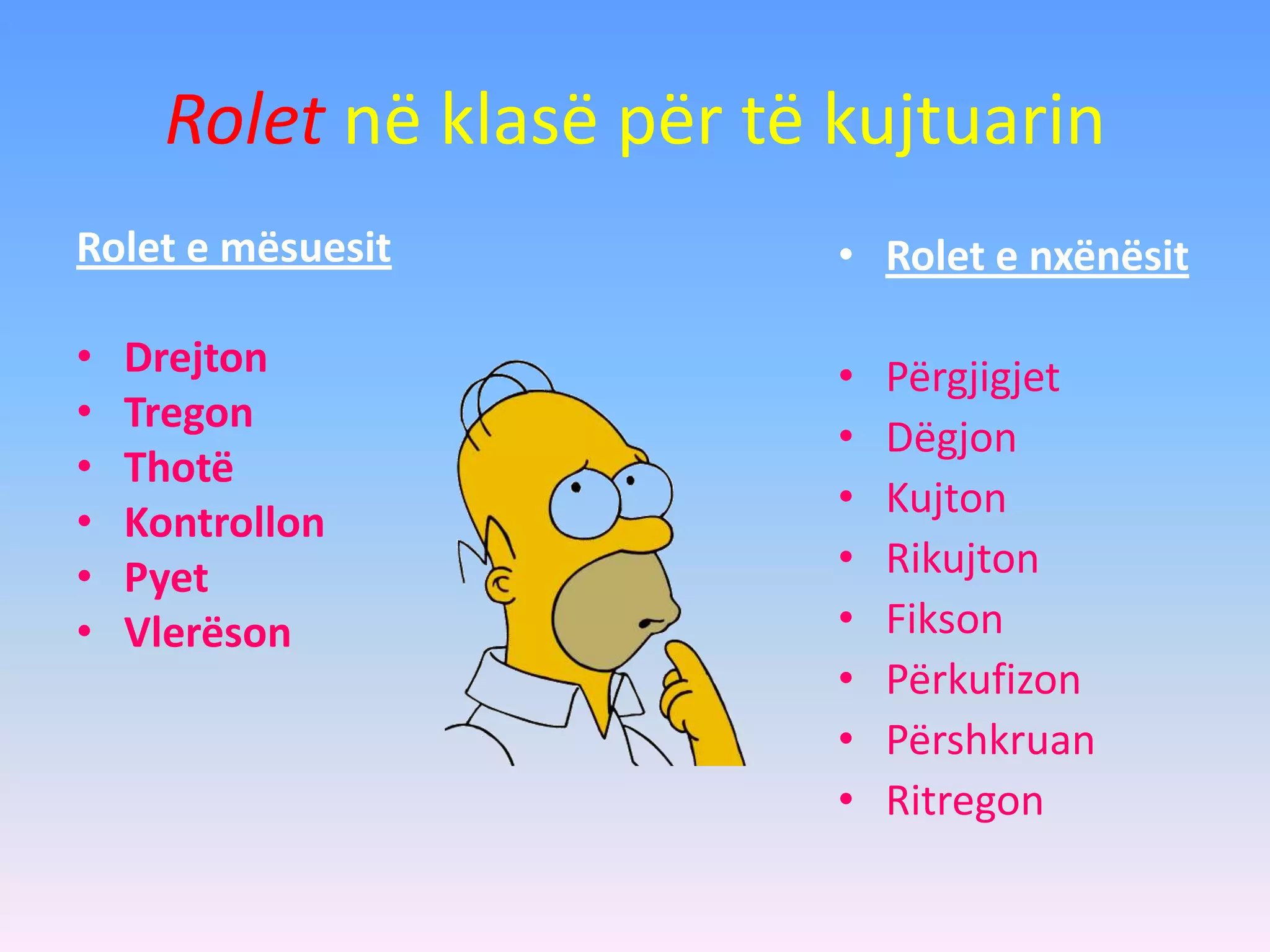 Rolet në klasë për të kujtuarin
Rolet e mësuesit
• Drejton
• Tregon
• Thotë
• Kontrollon
• Pyet
• Vlerëson
• Rolet e nxënësit
• Përgjigjet
• Dëgjon
• Kujton
• Rikujton
• Fikson
• Përkufizon
• Përshkruan
• Ritregon
 