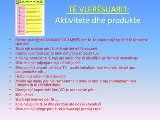 TË VLERËSUARIT:
Aktivitete dhe produkte
• Përdor strategjinë ZAMAKKE (SCAMPER) për të të shpikur një tip të ri të këpucëve
sportive
• Shpik një makinë për të bërë një detyrë të veçantë.
• Dizenjo një robot për të bërë detyrat e shtëpisë tuaj.
• Krijo një produkt të ri. Jepi një emër dhe të planifiko një fushatë marketingu.
• Shkruani për ndjenjat tuaja në lidhje me ...
• Shkruani një dramë , shfaqje TV , teatër kukullash, lojë me role, këngë apo
pantomimë rreth ..
• Harto i një sistemi të ri monetar
• Zhvillo një menu për një restorant të ri duke përdorur një shumëllojshmëri
ushqimesh të shëndetshme.
• Dizenjo një kopertinë: libri, CD-je ose reviste për ...
• Shit një ide.
• Shpik një mënyrë për të ...
• Krijo një gjuhë të re dhe përdore atë në një shembull.
• Shkruani një këngë për të reklamuar një produkt të ri.
 