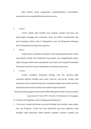 dapat memberi contoh, menggunakan, mengklasifikasikan, memanfaatkan,
menyelesaikan, dan mengidentifikasikan mana yang sama.
4. Analisis
Analisis adalah usaha memilah suatu integritas menjadi unsur-unsur atau
bagian-bagian sehinggga jelas susunannya. Secara rinci Bloom mengemukakan tiga
jenis kemampuan analisis, yaitu: (1) Menganalisis unsur, (2) Menganalisis hubungan,
dan (3) Menganalisis prinsip-prinsip organisasi.
5. Sintesis
Jenjang sintesis merupakan kemampuan untuk mengintegrasikan bagian- bagian
yang terpisah menjadi suatu keseluruhan yang terpadu, atau menggabungkan bagian-
bagian sehingga terjelma pola yang berkaitan secara logis, atau mengambil kesimpulan
dari peristiwa-peristiwa yang ada hubungannya satu dengan yang lainnya.
6. Evaluasi
Evaluasi merupakan kemampuan tertinggi, yaitu bila seseorang dapat
melakukan penilaian terhadap suatu situasi, nilai-nilai, atau ide-ide. Evaluasi ialah
kemampuan untuk mengambil keputusan, menyatakan pendapat atau memberi penilaian
berdasarkan kriteria-kriteria tertentu baik kualitatif maupun kuantitatif.
Taksonomi tujuan pengajaran pada kawasan afektif dikategorikan dalam lima jenis kategori
yang menurut W. Gulo (2002: 66) yaitu: (1) Penerimaan, (2) Tanggapan,
(3) Penilaian, (4) Pengelolaan, dan (5) Penghayatan (karakterisasi).
1. Penerimaan, meliputi penerimaan secara pasif terhadap suatu masalah, situasi, gejala,
nilai, dan keyakinan. Contoh kata kerja operasional yang biasa digunakan untuk
mengukur aspek penerimaan adalah memilih, mengikuti, meminati, memberi, dan
 