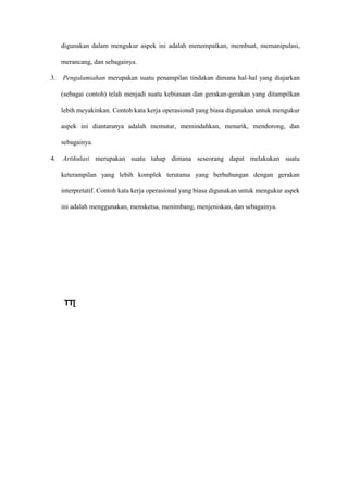 digunakan dalam mengukur aspek ini adalah menempatkan, membuat, memanipulasi,
merancang, dan sebagainya.
3. Pengalamiahan merupakan suatu penampilan tindakan dimana hal-hal yang diajarkan
(sebagai contoh) telah menjadi suatu kebiasaan dan gerakan-gerakan yang ditampilkan
lebih meyakinkan. Contoh kata kerja operasional yang biasa digunakan untuk mengukur
aspek ini diantaranya adalah memutar, memindahkan, menarik, mendorong, dan
sebagainya.
4. Artikulasi merupakan suatu tahap dimana seseorang dapat melakukan suatu
keterampilan yang lebih komplek terutama yang berhubungan dengan gerakan
interpretatif. Contoh kata kerja operasional yang biasa digunakan untuk mengukur aspek
ini adalah menggunakan, mensketsa, menimbang, menjeniskan, dan sebagainya.
TT[
 