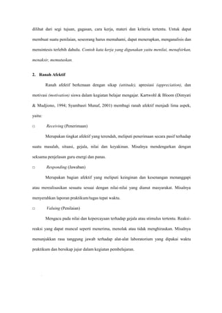 dilihat dari segi tujuan, gagasan, cara kerja, materi dan kriteria tertentu. Untuk dapat
membuat suatu penilaian, seseorang harus memahami, dapat menerapkan, menganalisis dan
mensintesis terlebih dahulu. Contoh kata kerja yang digunakan yaitu menilai, menafsirkan,
menaksir, memutuskan.
2. Ranah Afektif
Ranah afektif berkenaan dengan sikap (attitude), apresiasi (appreciation), dan
motivasi (motivation) siswa dalam kegiatan belajar mengajar. Kartwohl & Bloom (Dimyati
& Mudjiono, 1994; Syambasri Munaf, 2001) membagi ranah afektif menjadi lima aspek,
yaitu:
□ Receiving (Penerimaan)
Merupakan tingkat afektif yang terendah, meliputi penerimaan secara pasif terhadap
suatu masalah, situasi, gejala, nilai dan keyakinan. Misalnya mendengarkan dengan
seksama penjelasan guru energi dan panas.
□ Responding (Jawaban)
Merupakan bagian afektif yang meliputi keinginan dan kesenangan menanggapi
atau merealisasikan sesuatu sesuai dengan nilai-nilai yang dianut masyarakat. Misalnya
menyerahkan laporan praktikum/tugas tepat waktu.
□ Valuing (Penilaian)
Mengacu pada nilai dan kepercayaan terhadap gejala atau stimulus tertentu. Reaksi-
reaksi yang dapat muncul seperti menerima, menolak atau tidak menghiraukan. Misalnya
menunjukkan rasa tanggung jawab terhadap alat-alat laboratorium yang dipakai waktu
praktikum dan bersikap jujur dalam kegiatan pembelajaran.
“
 