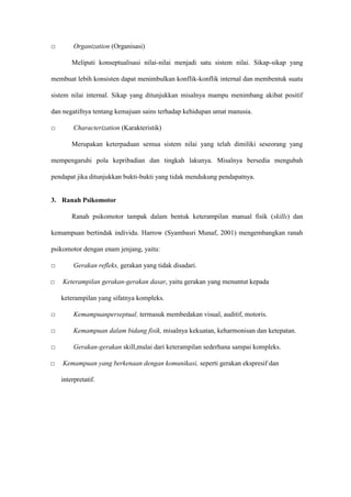 □ Organization (Organisasi)
Meliputi konseptualisasi nilai-nilai menjadi satu sistem nilai. Sikap-sikap yang
membuat lebih konsisten dapat menimbulkan konflik-konflik internal dan membentuk suatu
sistem nilai internal. Sikap yang ditunjukkan misalnya mampu menimbang akibat positif
dan negatifnya tentang kemajuan sains terhadap kehidupan umat manusia.
□ Characterization (Karakteristik)
Merupakan keterpaduan semua sistem nilai yang telah dimiliki seseorang yang
mempengaruhi pola kepribadian dan tingkah lakunya. Misalnya bersedia mengubah
pendapat jika ditunjukkan bukti-bukti yang tidak mendukung pendapatnya.
3. Ranah Psikomotor
Ranah psikomotor tampak dalam bentuk keterampilan manual fisik (skills) dan
kemampuan bertindak individu. Harrow (Syambasri Munaf, 2001) mengembangkan ranah
psikomotor dengan enam jenjang, yaitu:
□ Gerakan refleks, gerakan yang tidak disadari.
□ Keterampilan gerakan-gerakan dasar, yaitu gerakan yang menuntut kepada
keterampilan yang sifatnya kompleks.
□ Kemampuanperseptual, termasuk membedakan visual, auditif, motoris.
□ Kemampuan dalam bidang fisik, misalnya kekuatan, keharmonisan dan ketepatan.
□ Gerakan-gerakan skill,mulai dari keterampilan sederhana sampai kompleks.
□ Kemampuan yang berkenaan dengan komunikasi, seperti gerakan ekspresif dan
interpretatif.
 