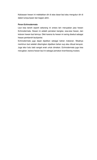 Kebiasaan hewan ini meletakkan diri di atas dasar laut atau mengubur diri di
dalam lumpur/pasir dan bagian akhir.


Peran Echinodermata
Laut bisa bersih seperti sekarang ini antara lain merupakan jasa hewan
Echinodermata. Hewan ini adalah pemakan bangkai, sisa-sisa hewan, dan
kotoran hewan laut lainnya. Oleh karena itu hewan ini sering disebut sebagai
hewan pembersih laut/pantai.
Echinodermata juga dapat dijadikan sebagai bahan makanan. Misalnya
mentimun laut setelah dikeringkan dijadikan bahan sup atau dibuat kerupuk.
Juga telur bulu babi sangat enak untuk dimakan. Echinodermata juga bisa
merugikan, karena hewan laut ini sebagai pemakan tiram/kerang mutiara.
 