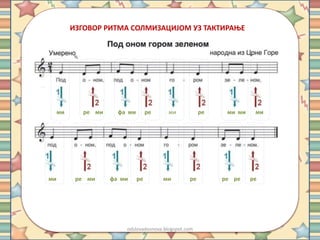 ИЗГОВОР РИТМА СОЛМИЗАЦИЈОМ УЗ ТАКТИРАЊЕ 
ми ре ми фа ми ре ми ре ми ми ми 
ми ре ми фа ми ре ми ре ре ре ре 
odslovadosnova.blogspot.com 
 
