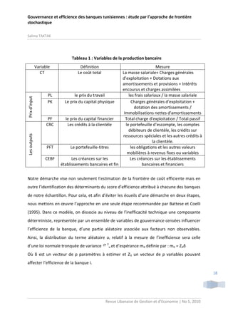 Gouvernance et efficience des banques tunisiennes : étude par l’approche de frontière
stochastique
Salima TAKTAK

Tableau 1 : Variables de la production bancaire

Les outputs

Prix d’input

Variable
CT

PL
PK

PF
CRC

PFT
CEBF

Définition
Le coût total

Mesure
La masse salariale+ Charges générales
d’exploitation + Dotations aux
amortissements et provisions + Intérêts
encourus et charges assimilées
le prix du travail
les frais salariaux / la masse salariale
Le prix du capital physique
Charges générales d'exploitation +
dotation des amortissements /
Immobilisations nettes d'amortissements
le prix du capital financier
Total charge d'exploitation / Total passif
Les crédits à la clientèle
le portefeuille d’escompte, les comptes
débiteurs de clientèle, les crédits sur
ressources spéciales et les autres crédits à
la clientèle.
Le portefeuille-titres
les obligations et les autres valeurs
mobilières à revenus fixes ou variables
Les créances sur les
Les créances sur les établissements
établissements bancaires et fin
bancaires et financiers

Notre démarche vise non seulement l’estimation de la frontière de coût efficiente mais en
outre l’identification des déterminants du score d’efficience attribué à chacune des banques
de notre échantillon. Pour cela, et afin d’éviter les écueils d’une démarche en deux étapes,
nous mettons en œuvre l’approche en une seule étape recommandée par Battese et Coelli
(1995). Dans ce modèle, on dissocie au niveau de l’inefficacité technique une composante
déterministe, représentée par un ensemble de variables de gouvernance censées influencer
l’efficience de la banque, d’une partie aléatoire associée aux facteurs non observables.
Ainsi, la distribution du terme aléatoire ui relatif à la mesure de l’inefficience sera celle
d’une loi normale tronquée de variance 

2

u et

d’espérance mit définie par : mit = Zitδ

Où δ est un vecteur de p paramètres à estimer et Zit un vecteur de p variables pouvant
affecter l’efficience de la banque i.
18

Revue Libanaise de Gestion et d’Economie | No 5, 2010

 