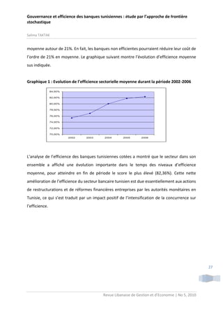 Gouvernance et efficience des banques tunisiennes : étude par l’approche de frontière
stochastique
Salima TAKTAK

moyenne autour de 21%. En fait, les banques non efficientes pourraient réduire leur coût de
l’ordre de 21% en moyenne. Le graphique suivant montre l’évolution d’efficience moyenne
sus indiquée.

Graphique 1 : Evolution de l’efficience sectorielle moyenne durant la période 2002-2006
84,00%
82,00%
80,00%
78,00%
76,00%
74,00%
72,00%
70,00%
2002

2003

2004

2005

2006

L’analyse de l’efficience des banques tunisiennes cotées a montré que le secteur dans son
ensemble a affiché une évolution importante dans le temps des niveaux d’efficience
moyenne, pour atteindre en fin de période le score le plus élevé (82,36%). Cette nette
amélioration de l’efficience du secteur bancaire tunisien est due essentiellement aux actions
de restructurations et de réformes financières entreprises par les autorités monétaires en
Tunisie, ce qui s’est traduit par un impact positif de l’intensification de la concurrence sur
l’efficience.

27

Revue Libanaise de Gestion et d’Economie | No 5, 2010

 