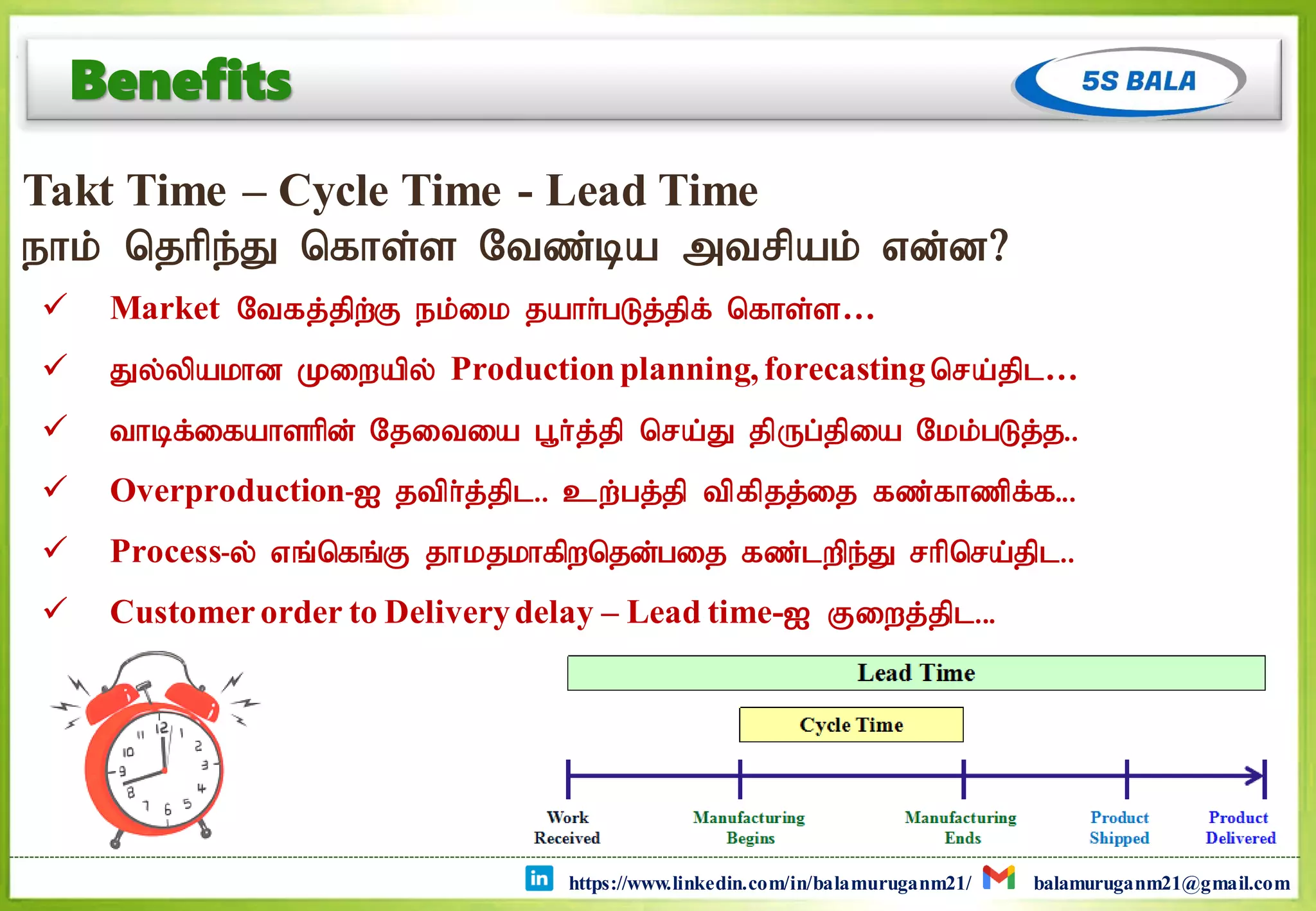https://www.linkedin.com/in/balamuruganm21/ balamuruganm21@gmail.com
Benefits
Takt Time – Cycle Time - Lead Time
ehk; njhpe;J nfhs;s Ntz;ba mtrpak; vd;d?
 Market Ntfj;jpw;F ek;ik jahh;gLj;jpf; nfhs;s…
 Jy;ypakhd Kiwapy; Productionplanning, forecastingnra;jpl…
 thbf;ifahshpd; Njitia g+h;j;jp nra;J jpUg;jpia Nkk;gLj;j..
 Overproduction-I jtph;j;jpl.. cw;gj;jp tpfpjj;ij fz;fhzpf;f...
 Process-y; vq;nfq;F jhkjkhfpwnjd;gij fz;lwpe;J rhpnra;jpl..
 Customerorder to Deliverydelay – Lead time-I Fiwj;jpl...
 