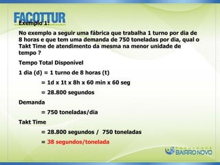 Exemplo 1:
No exemplo a seguir uma fábrica que trabalha 1 turno por dia de
8 horas e que tem uma demanda de 750 toneladas por dia, qual o
Takt Time de atendimento da mesma na menor unidade de
tempo ?
Tempo Total Disponível
1 dia (d) = 1 turno de 8 horas (t)
= 1d x 1t x 8h x 60 min x 60 seg
= 28.800 segundos
Demanda
= 750 toneladas/dia
Takt Time
= 28.800 segundos / 750 toneladas
= 38 segundos/tonelada
 