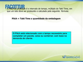 O Pitch de produção é o intervalo de tempo, múltiplo do Takt Time, em
que um lote deve ser produzido e calculado pela seguinte fórmula:
Pitch = Takt Time x quantidade da embalagem
O Pitch está relacionado com o tempo necessário para
completar um pacote, caixa ou conteiner, com base na
demanda do cliente.
 
