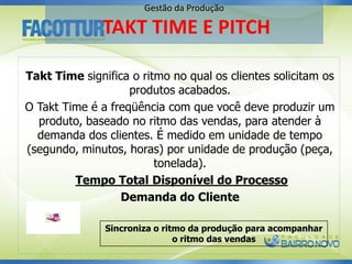 Takt Time significa o ritmo no qual os clientes solicitam os
produtos acabados.
O Takt Time é a freqüência com que você deve produzir um
produto, baseado no ritmo das vendas, para atender à
demanda dos clientes. É medido em unidade de tempo
(segundo, minutos, horas) por unidade de produção (peça,
tonelada).
Tempo Total Disponível do Processo
Demanda do Cliente
Sincroniza o ritmo da produção para acompanhar
o ritmo das vendas
Gestão da Produção
TAKT TIME E PITCH
 