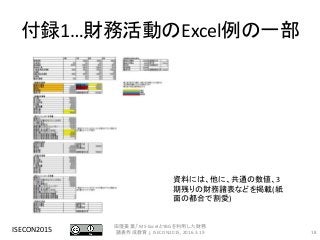 付録1…財務活動のExcel例の一部
ISECON2015 18
田窪美葉,「MS-ExcelとYBGを利用した財務
諸表作成教育」, ISECON2015, 2016.3.19
資料には、他に、共通の数値、3
期残りの財務諸表などを掲載(紙
面の都合で割愛)
 