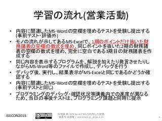 学習の流れ(営業活動)
• 内容に関連したMS-Wordの空欄を埋めるテストを受験し提出する
(事前テスト・評価外)
• モノの流れが示してあるMS-Excelで、1期のポイントだけ抜いた財
務諸表の空欄の数式を埋め、同じポイントを抜いた2期の財務諸
表の空欄の数式を埋め、完全に空白である3期目の財務諸表を作
成する
• 同じ内容を表示するプログラムを、解説を加えたり発言させたりし
ながらMS-Word等のファイルで作成し、デバッグを行う
• デバッグ後、実行し、結果表示がMS-Excelと同じであるかどうか確
認する
• 内容に関連したMS-Wordの空欄を埋めるテストを受験し提出する
(事前テストと同じ)
• プログラミングのデバッグ・確認状況等講義内での進度が異なる
ため、当日の事後テストは、プログラミング課題と同時に提示
ISECON2015 6
田窪美葉,「MS-ExcelとYBGを利用した財務
諸表作成教育」, ISECON2015, 2016.3.19
 