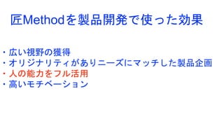 ・広い視野の獲得
・オリジナリティがありニーズにマッチした製品企画
・人の能力をフル活用
・高いモチベーション
匠Methodを製品開発で使った効果
 
