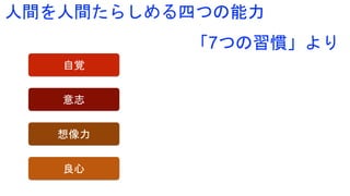 人間を人間たらしめる四つの能力
意志
想像力
自覚
良心
「7つの習慣」より
 