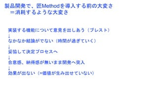 実装する機能について意見を出しあう（ブレスト）
↓
なかなか結論がでない（時間が過ぎていく）
↓
妥協して決定プロセスへ
↓
合意感、納得感が無いまま開発へ突入
↓
効果が出ない（=価値が生み出せていない）
製品開発で、匠Methodを導入する前の大変さ
＝消耗するような大変さ
 