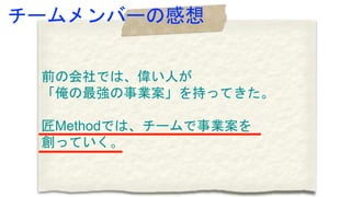 前の会社では、偉い人が
「俺の最強の事業案」を持ってきた。
匠Methodでは、チームで事業案を
創っていく。
チームメンバーの感想
 
