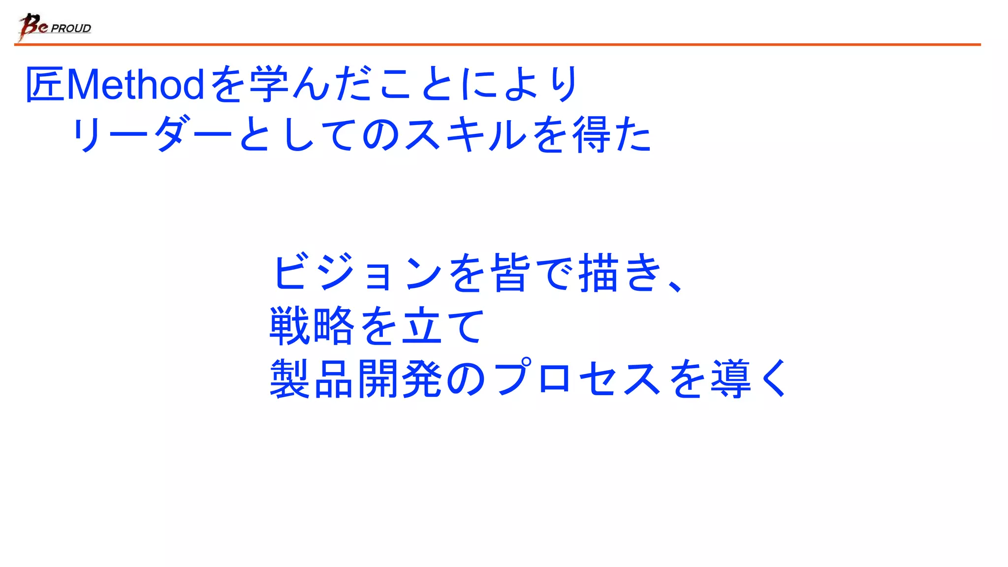 匠Methodを学んだことにより
リーダーとしてのスキルを得た
ビジョンを皆で描き、
戦略を立て
製品開発のプロセスを導く
 