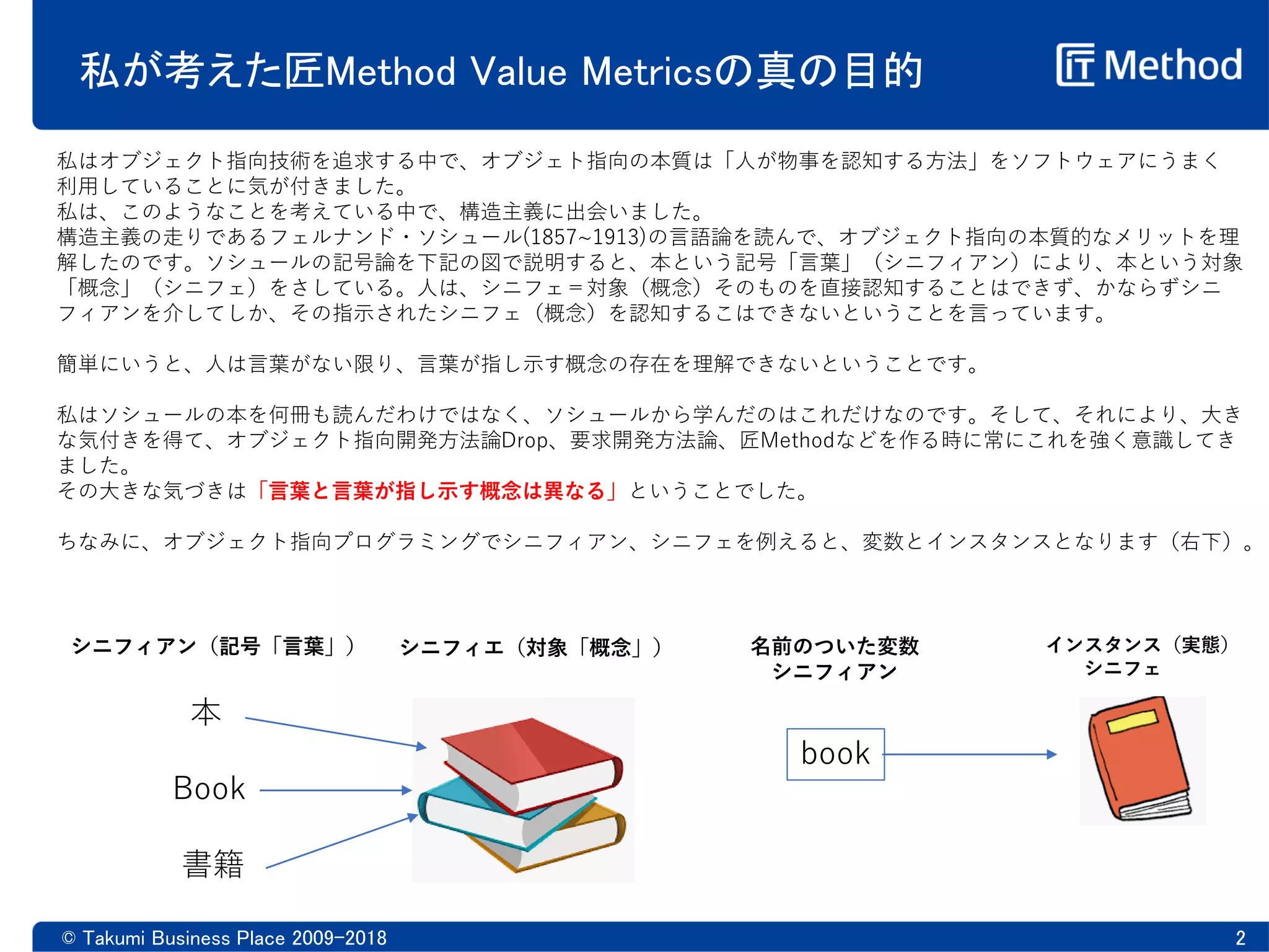 私が考えた匠Method Value Metricsの真の目的
© Takumi Business Place 2009-2018 2
私はオブジェクト指向技術を追求する中で、オブジェト指向の本質は「人が物事を認知する方法」をソフトウェアにうまく
利用していることに気が付きました。
私は、このようなことを考えている中で、構造主義に出会いました。
構造主義の走りであるフェルナンド・ソシュール(1857~1913)の言語論を読んで、オブジェクト指向の本質的なメリットを理
解したのです。ソシュールの記号論を下記の図で説明すると、本という記号「言葉」（シニフィアン）により、本という対象
「概念」（シニフェ）をさしている。人は、シニフェ＝対象（概念）そのものを直接認知することはできず、かならずシニ
フィアンを介してしか、その指示されたシニフェ（概念）を認知するこはできないということを言っています。
簡単にいうと、人は言葉がない限り、言葉が指し示す概念の存在を理解できないということです。
私はソシュールの本を何冊も読んだわけではなく、ソシュールから学んだのはこれだけなのです。そして、それにより、大き
な気付きを得て、オブジェクト指向開発方法論Drop、要求開発方法論、匠Methodなどを作る時に常にこれを強く意識してき
ました。
その大きな気づきは「言葉と言葉が指し示す概念は異なる」ということでした。
ちなみに、オブジェクト指向プログラミングでシニフィアン、シニフェを例えると、変数とインスタンスとなります（右下）。
本
Book
書籍
シニフィアン（記号「言葉」） シニフィエ（対象「概念」）
book
名前のついた変数
シニフィアン
インスタンス（実態）
シニフェ
 