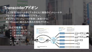 Transcoderアドオン
18
❏ 設定可能項目
❏ ビデオビットレート
❏ オーディオビットレート
❏ 画面解像度
❏ フレームレート
❏ コーデック
❏ など
ライブ配信ストリームをリアルタイムに複数のビットレートや
フォーマットへの変換を行うアドオン。
アダプティブビットレートが簡単に実現できる、
既にWowzaに組み込み済みの有料アドオン。
 