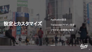 設定とカスタマイズ
21
Application設定
Transcoderアドオン設定
プラグインの開発と種類
 