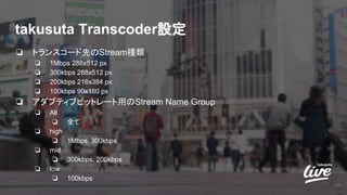 takusuta Transcoder設定
❏ トランスコード先のStream種類
❏ 1Mbps 288x512 px
❏ 300kbps 288x512 px
❏ 200kbps 216x384 px
❏ 100kbps 90x160 px
❏ アダプティブビットレート用のStream Name Group
❏ All
❏ 全て
❏ high
❏ 1Mbps, 300kbps
❏ mid
❏ 300kbps, 200kbps
❏ low
❏ 100kbps
32
 