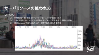 サーバリソースの使われ方
❏ CPU
❏ 同時配信本数・配信ビットレート・トランスコーダ設定に依存
❏ 1本の配信でのベンチマークが取れればあとは配信本数で見積もり可能
❏ 現在takusutaでは1台あたりピーク帯で約 5,60%の使用率
34
 