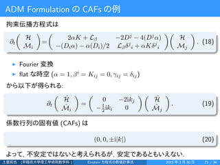 ADM Formulation の CAFs の例
拘束伝播方程式は
∂t
(
H
Mi
)
=
(
2αK + Lβ −2Dj − 4(Djα)
−(Diα) − α(Di)/2 Lβδj
i + αKδj
i
)(
H
Mj
)
. (18...
