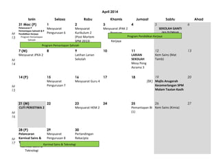April 2014
Isnin
31 Mac (P)
M
13

Selasa
1
Mesyuarat
Pengurusan 6

Pelancaran P
Pemantapan Sahsiah & P
Pendidikan Kerjaya
Program Pemantapan
Sahsiah

Rabu
2
Mesyuarat
Kurikulum 2
(Post Mortem
SPM 2013)

Khamis

Jumaat

Sabtu

5
3
4
SEKOLAH GANTI
Mesyuarat JPAK 2
(31/7/2014)
Program
Program Pendidikan Kerjaya
Pendidikan
Kerjaya

Ahad
6

Program Pemantapan Sahsiah

12
Kem Sains (Mat
Tamb)

13

19
(BK) Majlis Anugerah
Kecemerlangan SPM
Malam Tautan Kasih

20

7 (M)
Mesyuarat JPKA 2

8

9
Latihan Larian
Sekolah

10

11
LARIAN
SEKOLAH
Mesy Peng
Asrama 3

14 (P)

15
Mesyuarat
Pengurusan 7

16
Mesyuarat Guru 4

17

18

23
Mesyuarat HEM 2

24

26
25
Pemantapan BI Kem Sains (Kimia)
(1)

M
14

M
15

21 (M)
22
CUTI PERISTIWA 2
M
16

M
17

28 (P)
29
30
Pelancaran
Mesyuarat
Pertandingan
Karnival Sains &
Pengurusan 8
Rekacipta
Teknologi
Karnival Sains & Teknologi
Karnival Sains &
Teknologi

27

 