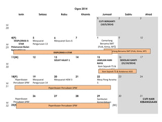 Ogos 2014
Isnin

Selasa

Rabu

Khamis

Jumaat

Sabtu

1

2

3

9

10

CUTI BERGANTI
(10/5/2014)

M
28

4(P)
EKSPLORASI A
STAR
Pelancaran Bulan
Kemerdekaan

5
Mesyuarat
Pengurusan 13

11(M)

M
29

Ahad

12

6
Mesyuarat Guru 6

7

Cemerlang
Bersama SMT
(Fizik, Kimia, MT)

Cemerlang Bersama SMT (Fizik, Kimia, MT)

EKSPLORASI A STAR

13
SOLAT HAJAT 1

8

14

M
30

15
JAMUAN HARI
RAYA
Kem Sejarah T5 &
Kolaborasi ASiS

16
SEKOLAH GANTI
(21/10/2014)

17

Kem Sejarah T5 & Kolaborasi ASiS

M
31

M
32

18(P)
Peperiksaan
Percubaan SPM

19
Mesyuarat
Pengurusan 14

20
Mesyuarat HEM 3

21

23
22
Mesy Peng Asrama
5

24

29
Sambutan
Kemerdekaan

31
CUTI HARI
KEBANGSAAN

Peperiksaan Percubaan SPM

Peperiksaan
Percubaan SPM
25(M)

26

27

28

Peperiksaan Percubaan SPM

30
(BK)

 
