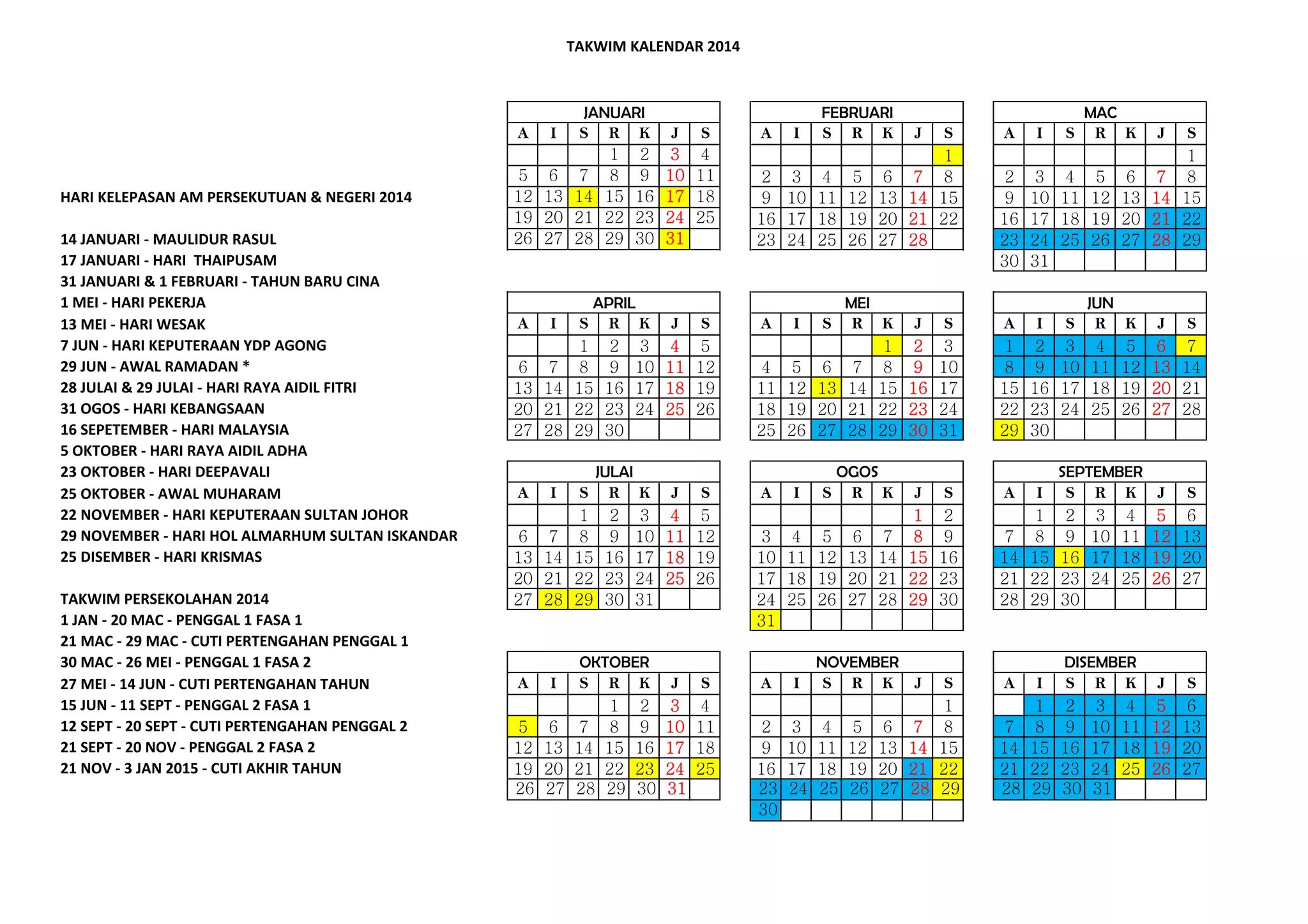 TAKWIM KALENDAR 2014

A

HARI KELEPASAN AM PERSEKUTUAN & NEGERI 2014
14 JANUARI - MAULIDUR RASUL
17 JANUARI - HARI THAIPUSAM
31 JANUARI & 1 FEBRUARI - TAHUN BARU CINA
1 MEI - HARI PEKERJA
13 MEI - HARI WESAK
7 JUN - HARI KEPUTERAAN YDP AGONG
29 JUN - AWAL RAMADAN *
28 JULAI & 29 JULAI - HARI RAYA AIDIL FITRI
31 OGOS - HARI KEBANGSAAN
16 SEPETEMBER - HARI MALAYSIA
5 OKTOBER - HARI RAYA AIDIL ADHA
23 OKTOBER - HARI DEEPAVALI
25 OKTOBER - AWAL MUHARAM
22 NOVEMBER - HARI KEPUTERAAN SULTAN JOHOR
29 NOVEMBER - HARI HOL ALMARHUM SULTAN ISKANDAR
25 DISEMBER - HARI KRISMAS
TAKWIM PERSEKOLAHAN 2014
1 JAN - 20 MAC - PENGGAL 1 FASA 1
21 MAC - 29 MAC - CUTI PERTENGAHAN PENGGAL 1
30 MAC - 26 MEI - PENGGAL 1 FASA 2
27 MEI - 14 JUN - CUTI PERTENGAHAN TAHUN
15 JUN - 11 SEPT - PENGGAL 2 FASA 1
12 SEPT - 20 SEPT - CUTI PERTENGAHAN PENGGAL 2
21 SEPT - 20 NOV - PENGGAL 2 FASA 2
21 NOV - 3 JAN 2015 - CUTI AKHIR TAHUN

I

5
12
19
26

6
13
20
27

A

I

6
13
20
27

7
14
21
28

A

I

6
13
20
27

7
14
21
28

A

I

5
12
19
26

6
13
20
27

JANUARI
S R K
1 2
7 8 9
14 15 16
21 22 23
28 29 30

APRIL
S R K
1 2 3
8 9 10
15 16 17
22 23 24
29 30
JULAI
S R K
1 2 3
8 9 10
15 16 17
22 23 24
29 30 31

OKTOBER
S R K
1 2
7 8 9
14 15 16
21 22 23
28 29 30

J
3
10
17
24
31

S
4
11
18
25

J
4
11
18
25

S
5
12
19
26

J
4
11
18
25

S
5
12
19
26

J
3
10
17
24
31

S
4
11
18
25

FEBRUARI
S R K

A

I

2
9
16
23

3
10
17
24

4
11
18
25

A

I

S

4
11
18
25

5
12
19
26

6
13
20
27

A

I

3
10
17
24
31

4
11
18
25

A

I

2
9
16
23
30

3
10
17
24

S
1
5 6 7 8
12 13 14 15
19 20 21 22
26 27 28

MEI
R K
1
7 8
14 15
21 22
28 29

OGOS
S R K
5
12
19
26

6
13
20
27

7
14
21
28

J

J
2
9
16
23
30

J
1
8
15
22
29

NOVEMBER
S R K J
4
11
18
25

5
12
19
26

6
13
20
27

7
14
21
28

S
3
10
17
24
31

S
2
9
16
23
30

S
1
8
15
22
29

MAC
R K

A

I

S

2
9
16
23
30

3
10
17
24
31

4
11
18
25

5
12
19
26

6
13
20
27

7
14
21
28

S
1
8
15
22
29

A
1
8
15
22
29

I
2
9
16
23
30

S
3
10
17
24

JUN
R
4
11
18
25

K
5
12
19
26

J
6
13
20
27

S
7
14
21
28

I
1
8
15
22
29

SEPTEMBER
S R K
2 3 4
9 10 11
16 17 18
23 24 25
30

J
5
12
19
26

S
6
13
20
27

I
1
8
15
22
29

DISEMBER
S R K
2 3 4
9 10 11
16 17 18
23 24 25
30 31

J
5
12
19
26

S
6
13
20
27

A
7
14
21
28

A
7
14
21
28

J

 