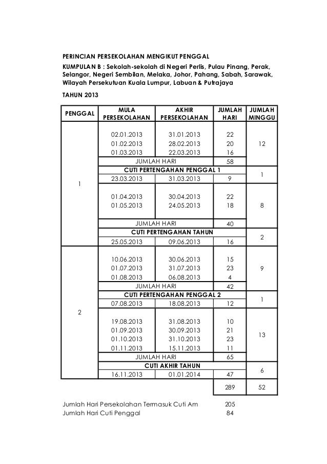 Takwim Persekolahan Tahun 2013