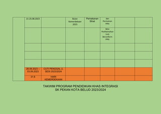 21-25.08.2023 Bulan
Kemerdekaan
2023
Pemakanan
Sihat
dan
Permainan
PPKI
Mini
Perkhemahan
Unit
Beruniform
PPKI
26.08.2023 –
03.09.2023
CUTI PENGGAL 2,
SESI 2023/2024
31.8 HARI
KEMERDEKAAN
TAKWIM PROGRAM PENDIDIKAN KHAS INTEGRASI
SK PEKAN KOTA BELUD 2023/2024
 