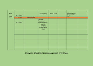 NOV
2023
10.11.2023
SIDANG RPI 3 Bulan Amal Menyemak stok
stor pendidikan
khas
12.11.2023 DEEPAVALI
23.11.2023
Semakan
Pencapaian
Program Mentor
Mentee
BENGKEL
PEMANTAPAN
SOLAT
TAKWIM PROGRAM PENDIDIKAN KHAS INTEGRASI
 