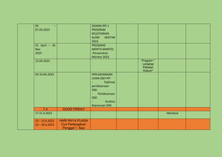 03 –
07.04.2023
SIDANG RPI 1
PROGRAM
KELESTARIAN
ALAM SEKITAR
2023
01 April – 01
Nov
2023
PROGRAM
MENTO MANTEE
-Penyerahan
Mentee 2023
12.04.2023 Program "
Lengkap
Pakaian
Kokum"
03-14.04.2023 PERLAKSANAAN
UIJAN SSKI PPI
- Taklimat
perlaksanaan
SSKI
- Perlaksanaan
SSKI
- Analisis
Keputusan SSKI
7.4 GOOD FRIDAY
17-21.4.2023 Merekod
22 – 23.4.2023
22 – 30.4.2023
HARI RAYA PUASA
Cuti Pertengahan
Penggal 1, Sesi
 