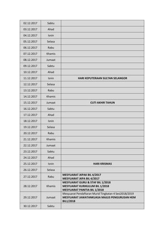 02.12.2017 Sabtu
03.12.2017 Ahad
04.12.2017 Isnin
05.12.2017 Selasa
06.12.2017 Rabu
07.12.2017 Khamis
08.12.2017 Jumaat
09.12.2017 Sabtu
10.12.2017 Ahad
11.12.2017 Isnin HARI KEPUTERAAN SULTAN SELANGOR
12.12.2017 Selasa
13.12.2017 Rabu
14.12.2017 Khamis
15.12.2017 Jumaat CUTI AKHIR TAHUN
16.12.2017 Sabtu
17.12.2017 Ahad
18.12.2017 Isnin
19.12.2017 Selasa
20.12.2017 Rabu
21.12.2017 Khamis
22.12.2017 Jumaat
23.12.2017 Sabtu
24.12.2017 Ahad
25.12.2017 Isnin HARI KRISMAS
26.12.2017 Selasa
27.12.2017 Rabu
MESYUARAT JKPAK BIL 4/2017
MESYUARAT JKPA BIL 4/2017
28.12.2017 Khamis
MESYUARAT GURU & STAF BIL 1/2018
MESYUARAT KURIKULUM BIL 1/2018
MESYUARAT PANITIA BIL 1/2018
29.12.2017 Jumaat
Mesyuarat Pendaftaran Murid Tingkatan 4 Sesi2018/2019
MESYUARAT JAWATANKUASA MAJLIS PENGURUSAN HEM
BIL1/2018
30.12.2017 Sabtu
 