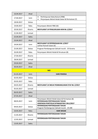 16.04.2017 Ahad
17.04.2017 Isnin
 Perhimpunan Kokurikulum (PBB)
 Perjumpaan Aktiviti Kelab Sukan & Permainan (7)
18.04.2017 Selasa
19.04.2017 Rabu Perjumpaan Aktiviti PBB (10)
20.04.2017 Khamis MESYUARAT JK PENGURUSAN HEM BIL 2/2017
21.04.2017 Jumaat
22.04.2017 Sabtu
23.04.2017 Ahad
24.04.2017 Isnin
MESYUARAT JK PEPERIKSAAN BIL 1/2017
Latihan Rumah Sukan (6)
25.04.2017 Selasa Program Pembangunan Sahsiah murid - JK Asrama
26.04.2017 Rabu Perjumpaan Aktiviti Kelab & Persatuan (8)
27.04.2017 Khamis
28.04.2017 Jumaat
29.04.2017 Sabtu
30.04.2017 Ahad
MEI
01.05.2017 Isnin HARI PEKERJA
02.05.2017 Selasa
03.05.2017 Rabu
04.05.2017 Khamis MESYUARAT JK INDUK PEMBANGUNAN STAF BIL 2/2017
05.05.2017 Jumaat
06.05.2017 Sabtu
07.05.2017 Ahad
08.05.2017 Isnin
Perjumpaan Aktiviti Kelab Sukan & Permainan (8)
PEPERIKSAAN PERTENGAHAN TAHUN
VERIFIKASI PORTFOLIO BTINGKATAN 5 BIL1/2017
09.05.2017 Selasa
PEPERIKSAAN PERTENGAHAN TAHUN
Program Pembangunan Sahsiah murid - JK UBK
10.05.2017 Rabu HARI WESAK
11.05.2017 Khamis
PEPERIKSAAN PERTENGAHAN TAHUN
12.05.2017 Jumaat
PEPERIKSAAN PERTENGAHAN TAHUN
13.05.2017 Sabtu
 