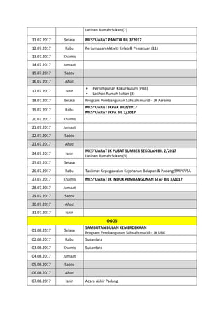 Latihan Rumah Sukan (7)
11.07.2017 Selasa MESYUARAT PANITIA BIL 3/2017
12.07.2017 Rabu Perjumpaan Aktiviti Kelab & Persatuan (11)
13.07.2017 Khamis
14.07.2017 Jumaat
15.07.2017 Sabtu
16.07.2017 Ahad
17.07.2017 Isnin
 Perhimpunan Kokurikulum (PBB)
 Latihan Rumah Sukan (8)
18.07.2017 Selasa Program Pembangunan Sahsiah murid - JK Asrama
19.07.2017 Rabu
MESYUARAT JKPAK BIL2/2017
MESYUARAT JKPA BIL 2/2017
20.07.2017 Khamis
21.07.2017 Jumaat
22.07.2017 Sabtu
23.07.2017 Ahad
24.07.2017 Isnin
MESYUARAT JK PUSAT SUMBER SEKOLAH BIL 2/2017
Latihan Rumah Sukan (9)
25.07.2017 Selasa
26.07.2017 Rabu Taklimat Kepegawaian Kejohanan Balapan & Padang SMPKVSA
27.07.2017 Khamis MESYUARAT JK INDUK PEMBANGUNAN STAF BIL 3/2017
28.07.2017 Jumaat
29.07.2017 Sabtu
30.07.2017 Ahad
31.07.2017 Isnin
OGOS
01.08.2017 Selasa
SAMBUTAN BULAN KEMERDEKAAN
Program Pembangunan Sahsiah murid - JK UBK
02.08.2017 Rabu Sukantara
03.08.2017 Khamis Sukantara
04.08.2017 Jumaat
05.08.2017 Sabtu
06.08.2017 Ahad
07.08.2017 Isnin Acara Akhir Padang
 