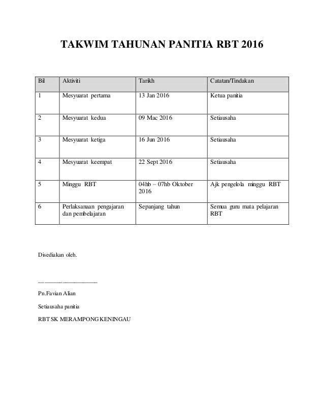 Takwim Tahunan Panitia Kemahiran Hidup 2016