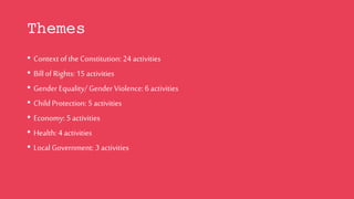 Themes
• Context of the Constitution: 24 activities
• Billof Rights: 15 activities
• Gender Equality/ Gender Violence: 6 activities
• Child Protection: 5 activities
• Economy: 5 activities
• Health: 4 activities
• Local Government: 3 activities
 